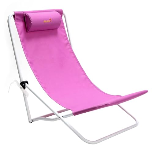 SUNNYFEEL Folding Low Beach Chair High Back Lightweight, Portable Sand Chair with Pillow for Adults Heavy Duty 300 LBS, Easy-to-Use Foldable Camping Chairs for Camp/Lawn/Outdoor/Travel/Picni