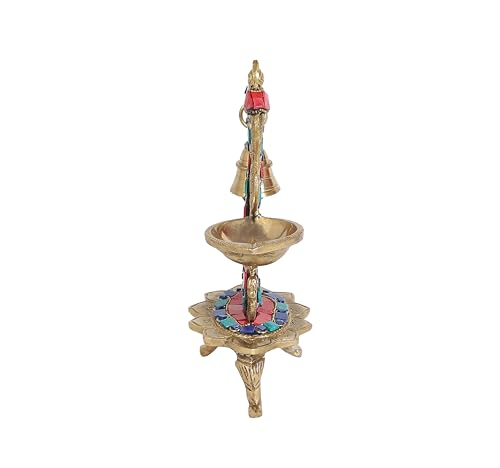 Two Moustaches Gemstone Work Ethnic Carved Peacock Design Brass Diya with Bell , Brass Antique Oil Lamp, Diyas for Home , Size - 8 Inches , Standard , Pack of 1