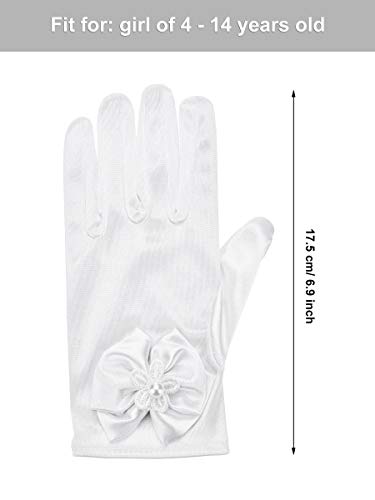 Chuangdi White Short Princess Lace Gloves First Communion Satin Gloves with Bow Tie for Girls Women Wedding Faux Pearl Decoration Party(Satin Type, White)2