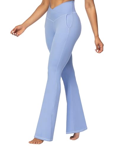 Leggings acampanados evitan presión abdominal con cintura alta cruzada y bolsillos cómodos
