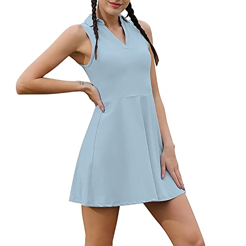 Huskydg Vestido de Tenis para Mujer Sin Mangas con Pantalones Cortos y Bolsillos para Ejercicio, Entrenamiento, Cuello en V, Ropa Deportiva,Blue,XL Cover