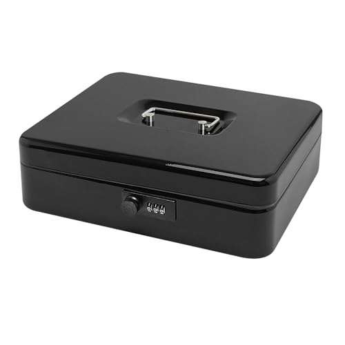 Secure Steel Cash Box with Combination Lock and Removable Tray – Metal Money Organizer for Home and Office Use (Black - 11.8" x 9.4" x 3.5")