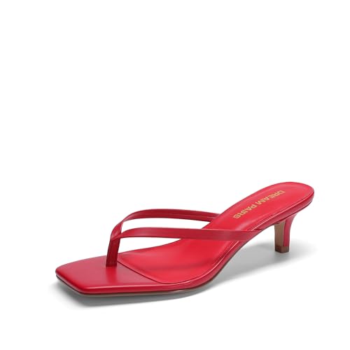 DREAM PAIRS Kitten Heels for Women Flip Flop Low Heels Square Open Toe Sandals Thong 1.96 Inch Heeled Sandals for Summer Vocation,Size 8.5,Red,SDHS25001W
