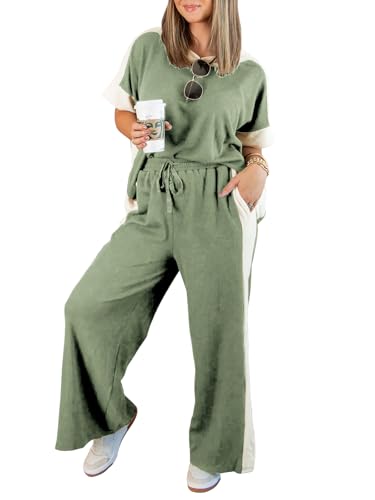 EXLURA Womens Summer 2 Piece Outfits Color Block Short Sleeve Tops Tracksuit Wide Leg Pants Matching Set Lounge Sets 2025