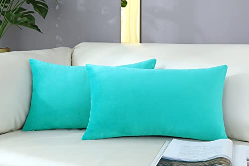 mixeoo Comfy Turquoise Green Throw Pillow Covers Decorative Lumbar Solid Rectangle Thick Velvet Super Soft Cushion Cases Home Decor for Sofa Couch Living Room Chair, Set of 2, 12 x 20 Inch