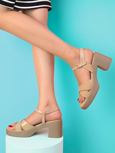 Image of XE Looks Elegant Block Heel Sandals | Front Strap with Intricate Embellishments | Padded Insole for Comfort | Trendy and Lightweight |For Girls