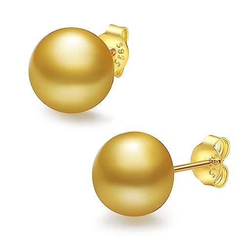 YAMI Pearl Earrings for Women, Genuine Golden Pearl Stud Earrings, Akoya Saltwater