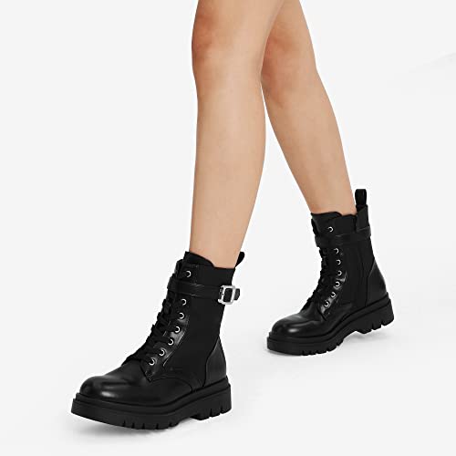 DREAM PAIRS Women's Combat Platform Boots Lace Up Lug Sole Buckle Ankle Booties Shoes,Size 6,Black-Pu,SDAB2209W-N