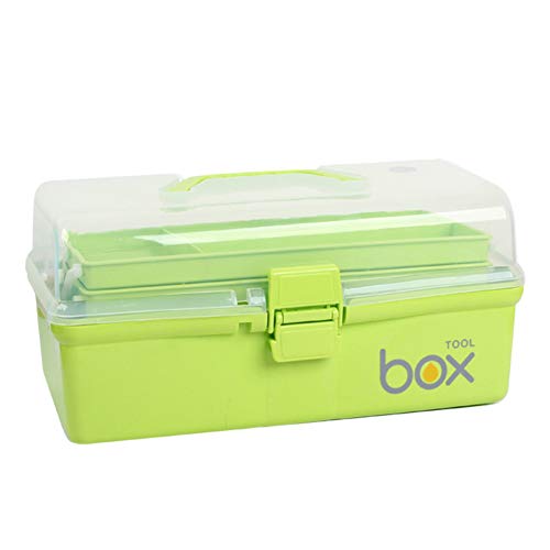Multi-Purpose 3-Layer Toolbox with Tray, 13.2 Inch Plastic Portable Tool Case Students Drawing Tool Box for Tool Art Craft Storage, Tool Organizers, Folding Storage Box for Children, Kids (Green)