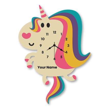 Image of Personalised with Your Name, Fantasy Horse Design Pendulum Wall Clock for Kids Room, Decorative Analog Timepiece with Swinging Element, Fantasy Theme Home Accent for Bedroom, Nursery, Playroom