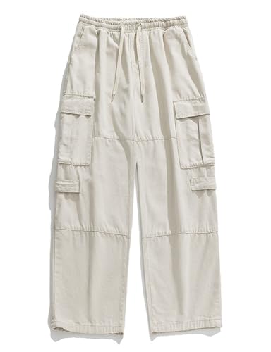 Men's Cotton Cargo Pants Mulit Pockets Drawstring Waisted Loose Straight Trousers