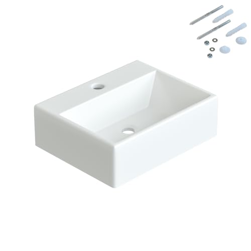 AQUABATOS Waschbecken aus Keramik Eckig 38 x 30 cm Aufsatzwaschbecken für Waschtisch Unterschrank Waschplatz Hängewaschbecken Handwaschbecken klein Weiß Gäste WC mit Hahnloch | OHNE Überlauf