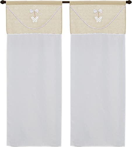 Par de cortinas de cristal para cocina art lille shabby tejido efecto lino seda de poliéster con aplicación de lazo blanco y mariposa diseño escocés Medidas 60 x 150 cm dis boclo beige