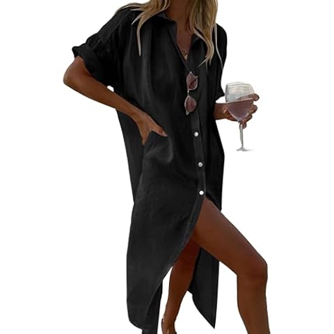 Breezy Lane Swimsuit Coverup for Women Long Button Down Shirt Dress Vacation Wear Black Cover