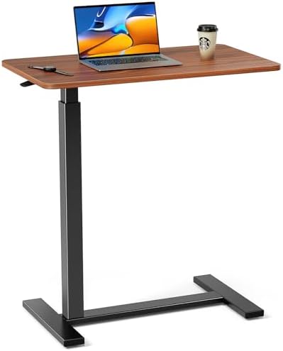 Adjustable Overbed Table With Wheels - Pneumatic Height Adjustment, Walnut Brown, Hospital/Home Use