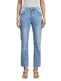LifeShe Women Pearls Embellished Jeans High Waisted Raw Hem Straight Leg Stretchy Denim Pants Blue