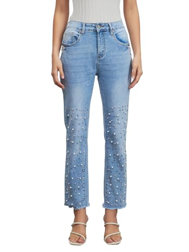 LifeShe Women Pearls Embellished Jeans High Waisted Raw Hem Straight Leg Stretchy Denim Pants