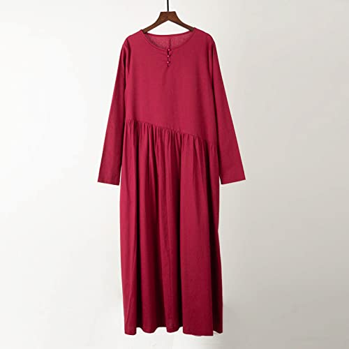 mewmewcat Camisa feminina Vestido feminino de algodão linho botões O pescoço de manga longa bolsos d