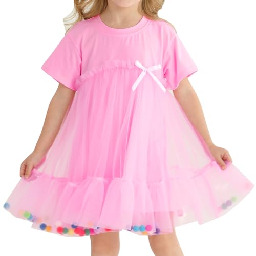 Toddler Girl Tutu Dress Short Sleeve Birthday Party Spring Summer Tulle Dress with Little Colorful Balls