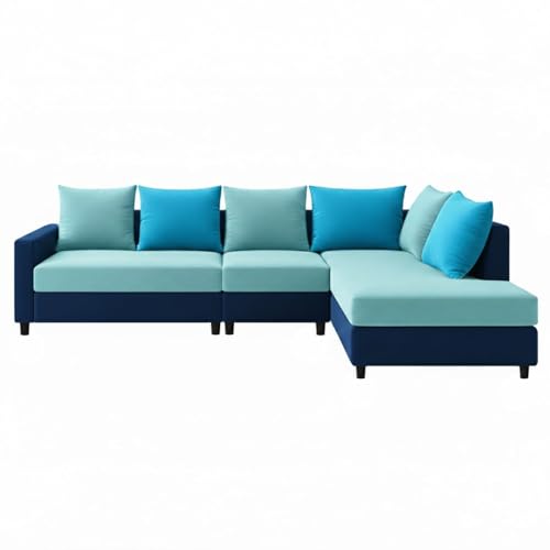 Image of FURNY Glory 6 Seater RHS Fabric Sofa Set (Dark Blue-Aqua Blue-Sky Blue) with Velvet Finish | Durable Comfort | Ideal for Living Room | Breathable material