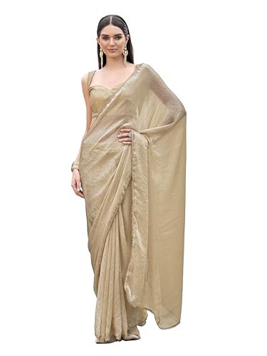 Image of Womanista Women's Ready to wear beige colored saree with embellished lace(TI7069 Beige Onesize)