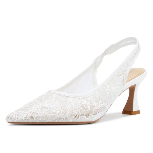 Aachcol Womens Bridal Lace Heels Pointed Toe Slingback Heels Mesh Kitten Heel Pumps Wedding Dress Shoes 2.5 Inches Heels White 9 M US