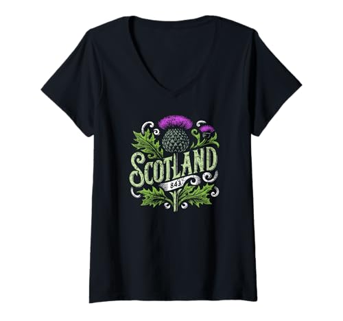 Women's Scotland Thistle 843 Distressed Color Print V-Neck T-Shirt