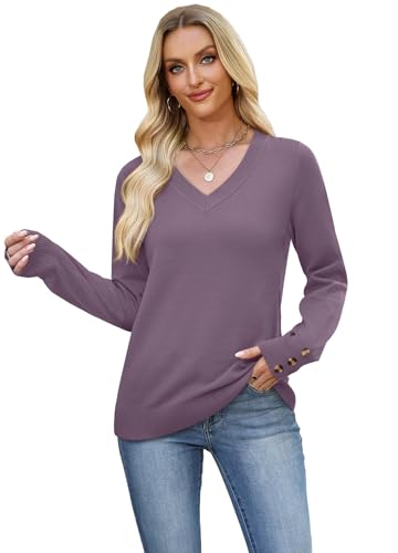 Image of WIHOLL Lightweight Sweaters for Women Long Sleeve V Neck Knit Outfits with Decorative Buttons