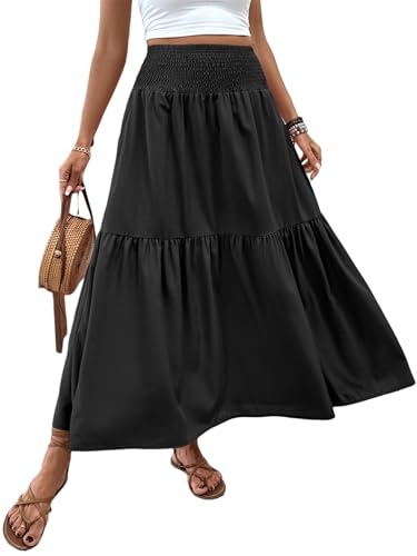 Women's Summer Floral Maxi A-Line Boho Skirt, Summer for Women 2025 Vacation Boho Floral Tiered (00,Pure Black)