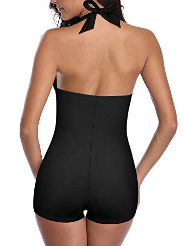 Women's Retro Halter Bathing Suits Vintage One Piece Swimsuit for Women Tummy Control Plus Boy-Leg Ruched Push up Swimsuit2