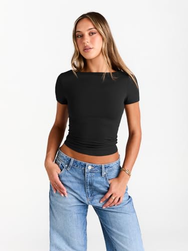 Trendy Queen Womens Boat Neck Tops Short Sleeve T-Shirts Slim Fitted Compression Summer Y2k Basic Clothes 20252