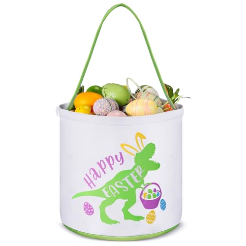 Cosblank Easter Baskets with Handle, Dinosaur Canvas Eggs Hunt Bag Gifts Bucket Tote for Easter Party(1 Pcs,Green)