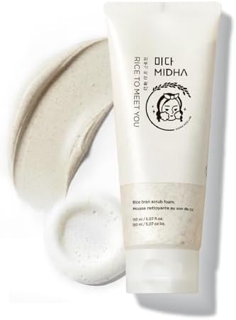 MIDHA RICE BRAN SCRUB FOAM 5.07fl.oz/150ml, Deep Cleansing, Pore-Purifying, Gentle Exfoliating – Soft Micro-Foam Face Wash with Balanced pH & Hydrating, Nourishing Care