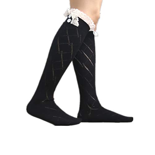 Cozy Design Women's Rhombus Pattern Knee High Lace Trim Boot Socks Black