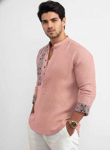 Image of Amazon Brand - INKAST Men's Cotton Blend Mandarin Collar Self One Design Full Sleeve Casual Short Kurta