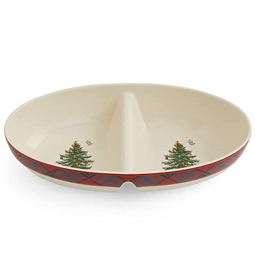 Spode Christmas Tree Tartan Divided Dish, 13-Inch Round Festive Holiday