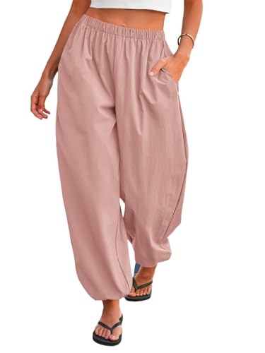 Tankaneo Womens Balloon Pants Trendy Casual Elastic Waist Wide Leg Harem Pants Baggy Pleated Lantern Trousers Pink