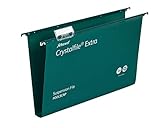 Rexel Foolscap Heavy Duty Suspension Files with Tabs and Inserts for Filing Cabinets, 30 mm base, Polypropylene, Green, Crystalfile Extra, Pack of 25, 70631