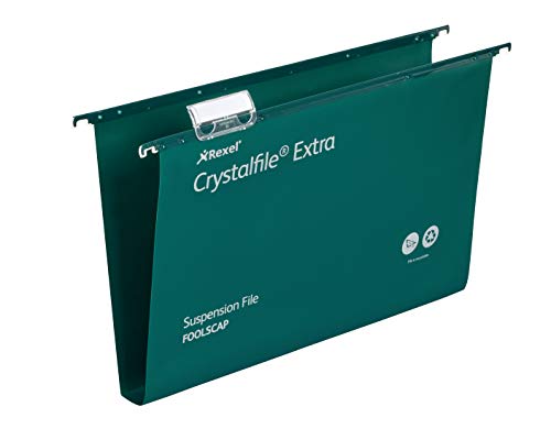 Rexel Foolscap Heavy Duty Suspension Files with Tabs and Inserts for Filing Cabinets, 30 mm base, Polypropylene, Green, Crystalfile Extra, Pack of 25, 70631