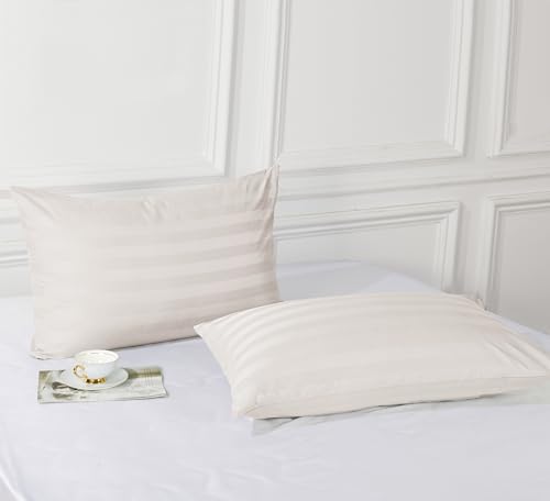 Image of 100% Egyptian Cotton Pillow Protectors Set of 4, 600 Thread Count Bed Pillow Cases with Zipper, Sateen Weave Cooling Pillow Cases Quiet and Breathable Easy Care(4PCS, Striped Light Beige)