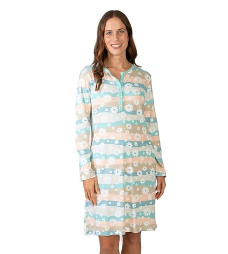 MASSANA Camisón de Invierno L757242, Estampado Floral en Franjas, Turquesa y Melocotón, Modal y Algodón, Manga Larga, Botones Frontales, (Turquesa, L)