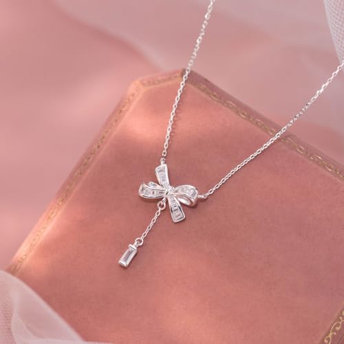 SLUYNZ Solid 925 Sterling Silver Bow Y Necklace for Women Teens CZ Bowknot Necklace Pendant3