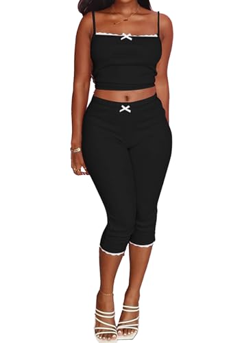 Women's 2 Piece Outfits Sexy Spaghetti Straps Sleeveless Camisole Crop Tops Bodycon Capri Pants Sets