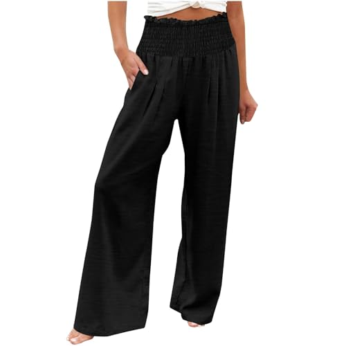 Women Linen Palazzo Pants Summer Wide Leg High Waisted Baggy Lounge Pants Trousers 2025 Beach Vacation Outfits