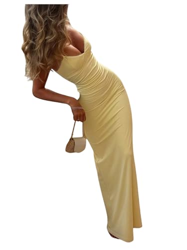 SOLY HUX Women's Elegant Mesh V Neck Bodycon Maxi Dress Summer Cocktail Party Wedding Guest Long Cami Sundresses Solid Yellow Small