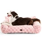 Picture of Made4Pets Dog Couch Bed, Soft Faux Fur Checkered Indoor Pet Sofa, Comfortable Fluffy Dog Sofa with Supportive Foam, Removable Washable Cover with Non-Slip Base, Pink, Large