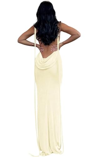 Image of Remxi Women's Summer Cowl Neck Sleeveless Maxi Dress Sexy Open Tie Low Back Bodycon Party Club Long Dresses Apricot S