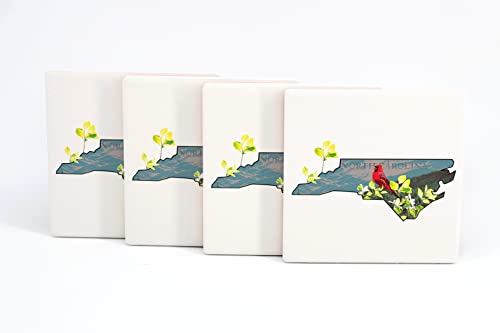 4 Absorbent Ceramic Drink Coasters with Cork Back, Artist Designed, 4” Square Coaster Set, Protects Tabletop, Great Housewarming Gift (North Carolina Set)