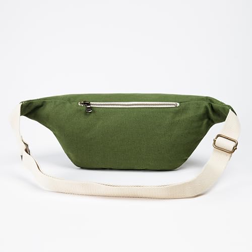 Image of The Peacock Crew Canvas Crossbody Sling Bag for Men & Women - Adjustable Strap, Dual Zippers Left /Right Handed, Secure Everyday Travel Fanny Pack Shoulder Pouch, Trekker Camo Green, 14.5 x 6.3 x 3.6