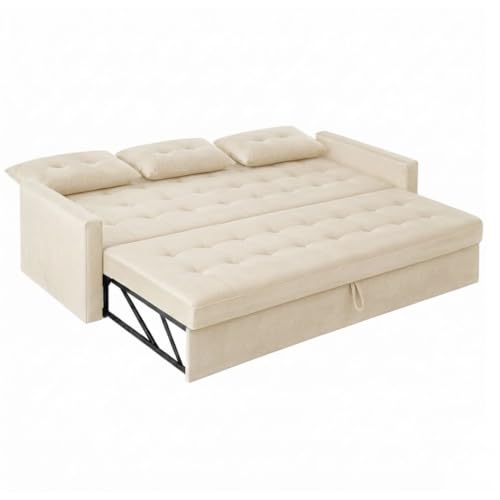 Image of FURNY Tressa 3 Seater Fabric Pull-Out Sofa Cum Bed Function (Cream) | Luxury Velvet Suede Finish | Durable Comfort Sofa Bed for Modern Living Room & Office Spaces
